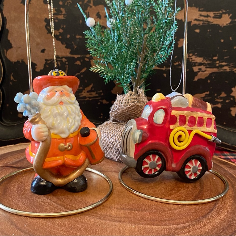 3/$15 Set of 2 Firefighter Santa and Fire Truck Christmas Ornaments